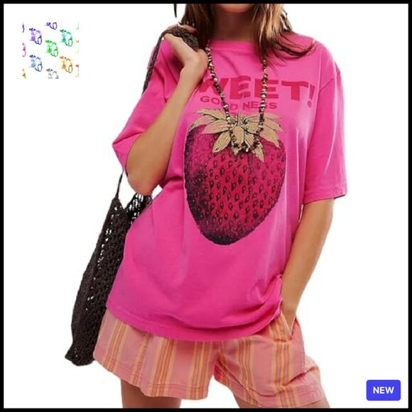 Oversized Strawberry Print Tee Y2K Chic Plus Size Cotton Casual Top - Picture 2 of 8